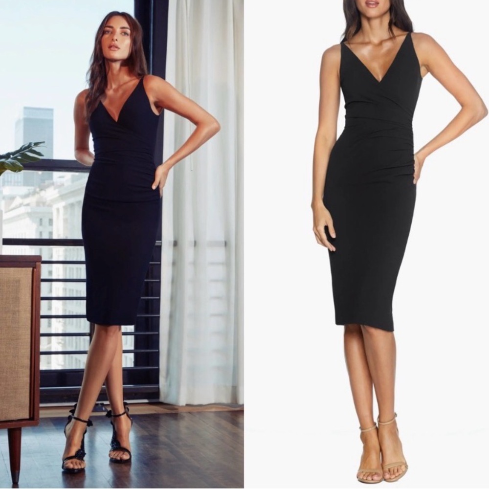 Dress the Population Anita Crepe Cocktail Black Midi Sheath Dress Ruched Small S
